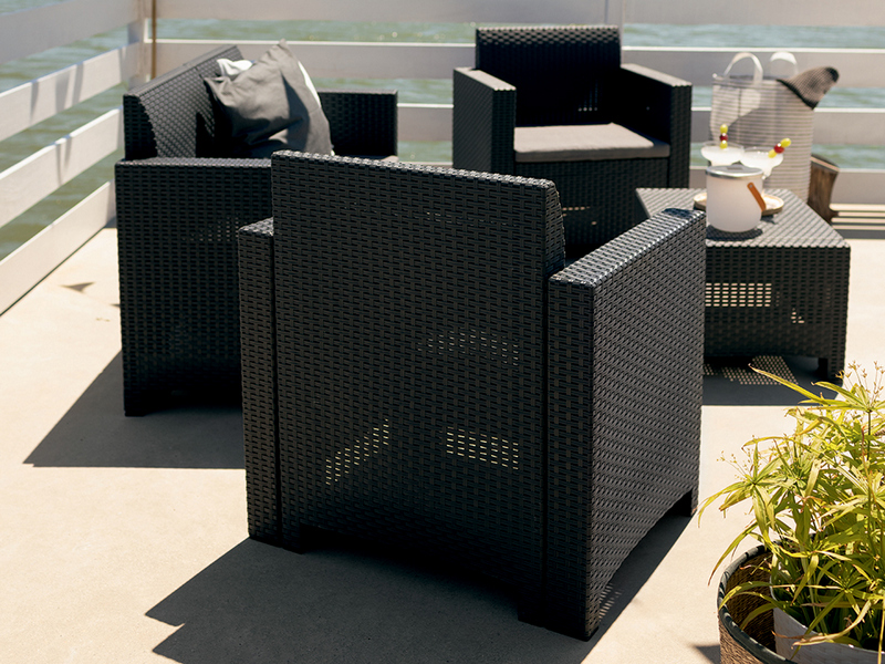 Set mobilier pentru gradina si terasa BICA Nebraska 2 Grafit, 9067.4, canapea 2 locuri, 2 fotolii, masuta depozitare, perne incluse, plastic, imitatie ratan