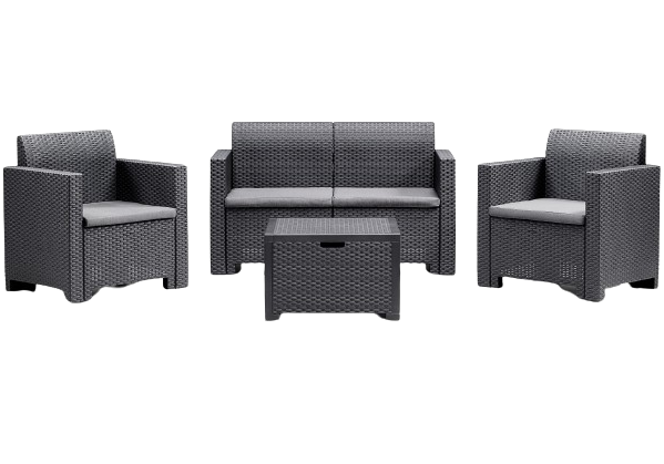 Set mobilier pentru gradina si terasa BICA Nebraska 2 Grafit, 9067.4, canapea 2 locuri, 2 fotolii, masuta depozitare, perne incluse, plastic, imitatie ratan