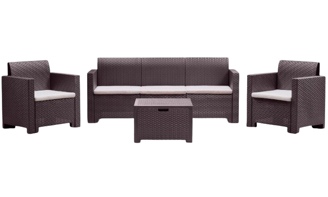 Set mobilier pentru gradina si terasa BICA Nebraska 3 Maro, 9068.3, canapea 3 locuri, 2 fotolii, masuta depozitare, perne incluse, plastic, imitatie ratan