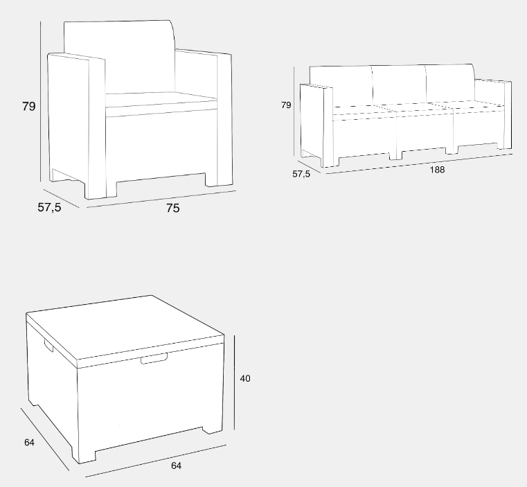Set mobilier pentru gradina si terasa BICA Nebraska 3 Grafit, 9068.4, canapea 3 locuri, 2 fotolii, masuta depozitare, perne incluse, plastic, imitatie ratan