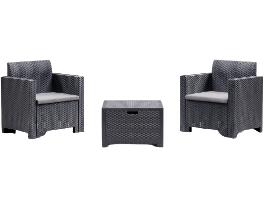 Set mobilier gradina si terasa BICA Nebraska Terrace Grafit, 9073.4, 2 fotolii, masuta cu spatiu de depozitare, perne incluse