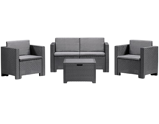 Set mobilier pentru gradina si terasa BICA Colorado 2 Grafit, 9017.4, canapea 2 locuri, 2 fotolii, masuta depozitare, perne incluse, plastic, imitatie ratan