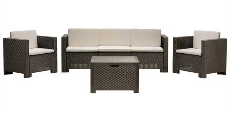 Set mobilier pentru gradina si terasa BICA Colorado 3 Maro, 9018.3, canapea 3 locuri, 2 fotolii, masuta depozitare, perne incluse, plastic, imitatie ratan