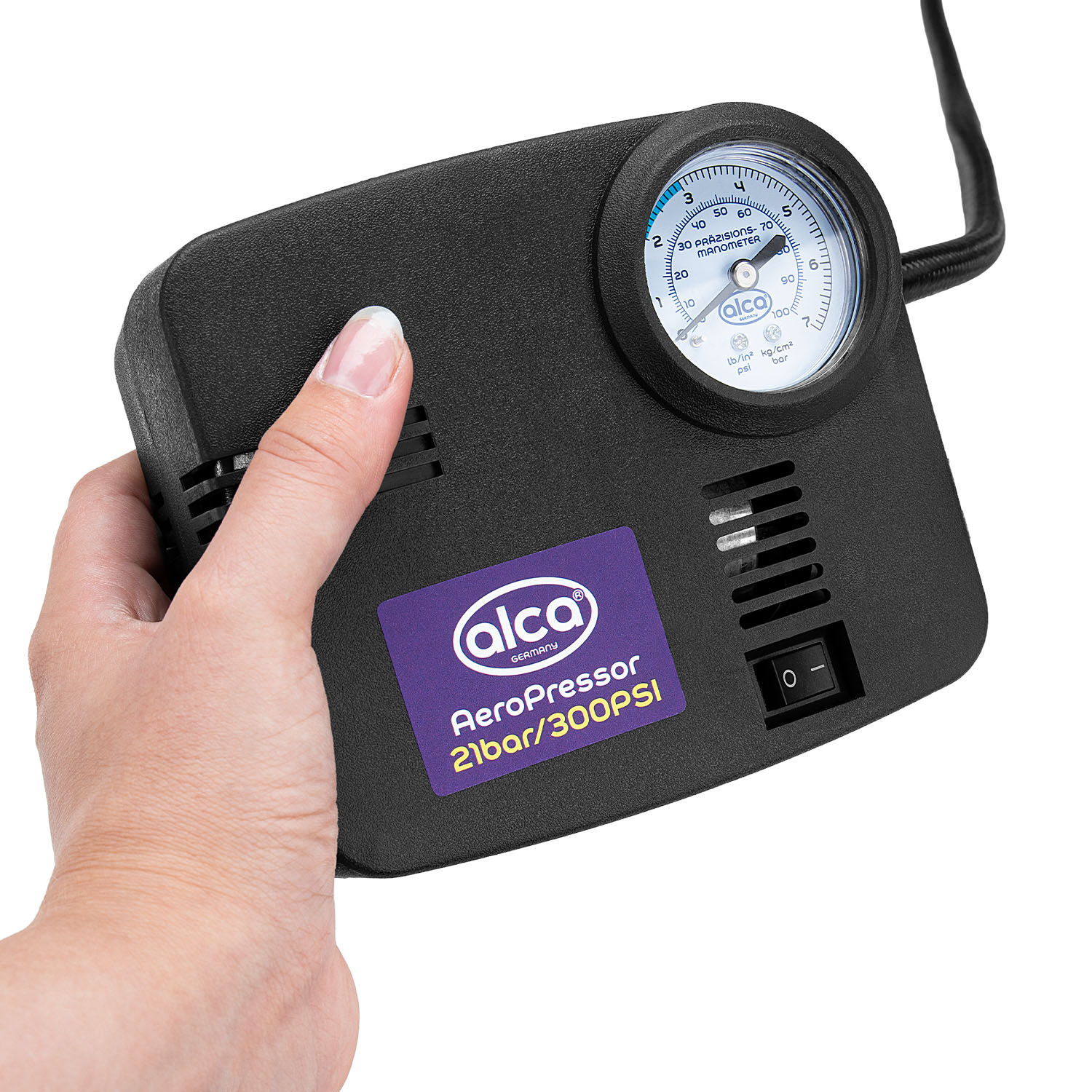 Compresor auto aer ALCA 232000, alimentare 12 V, 21 bar, 300 PSI, manometru, 4 adaptoare, lumina LED