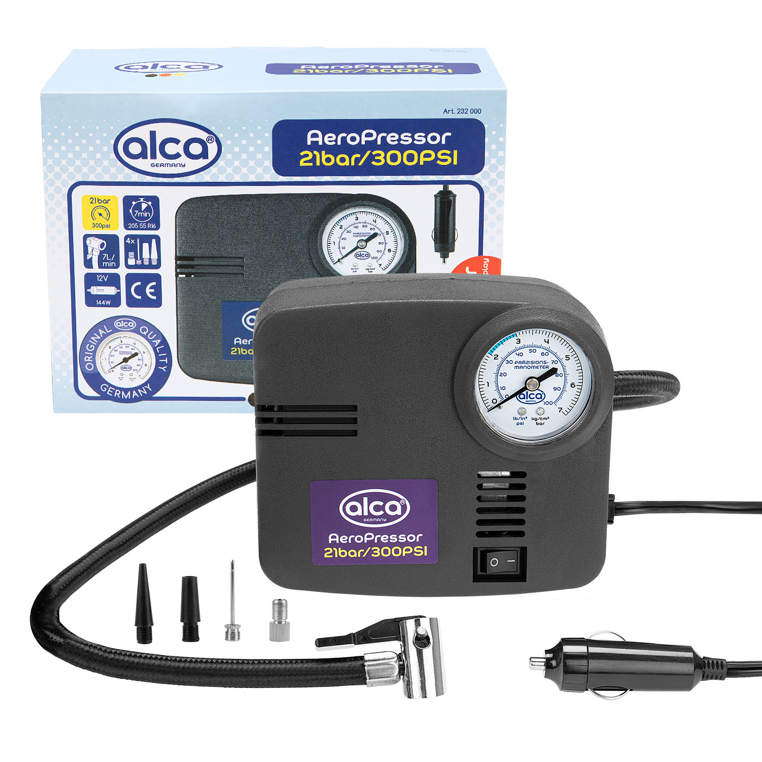 Compresor auto aer ALCA 232000, alimentare 12 V, 21 bar, 300 PSI, manometru, 4 adaptoare, lumina LED