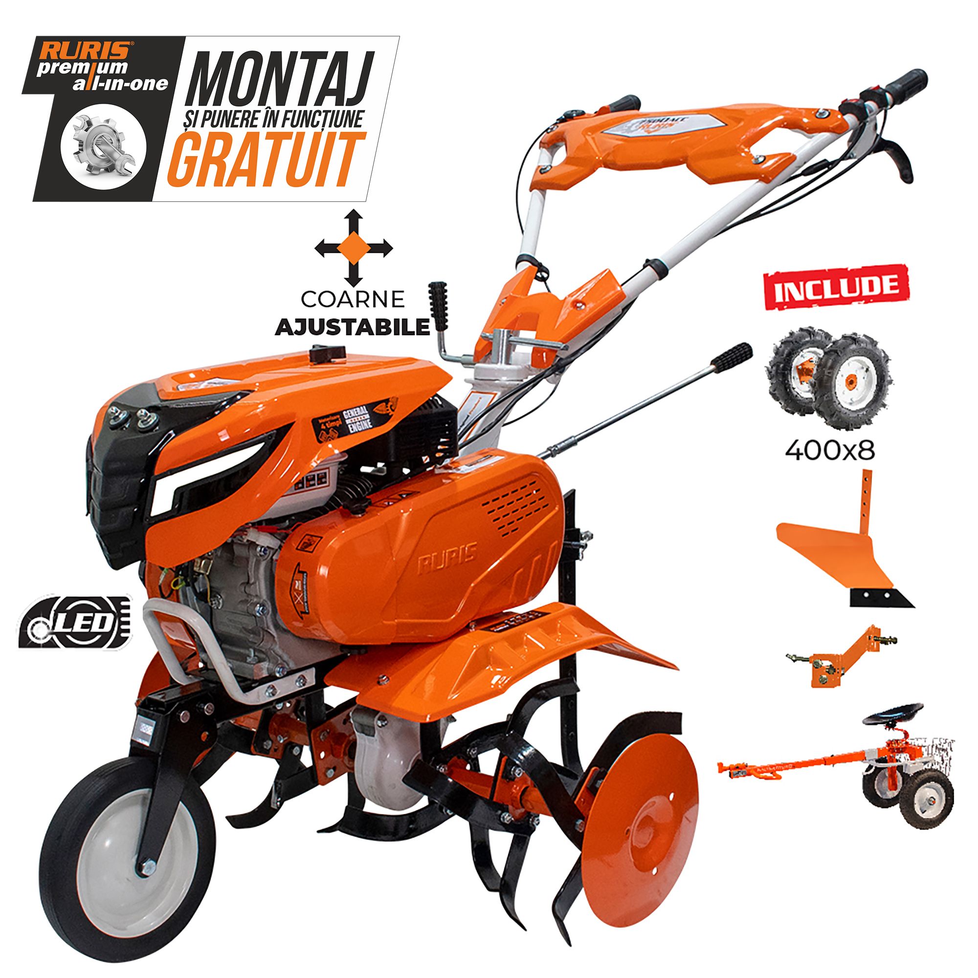 Motosapa RURIS 7500ACC2, 7 CP, 4 timpi, 208 cc, roti cauciuc 4.00-8 + plug + adaptor + accesoriu pentru tractat