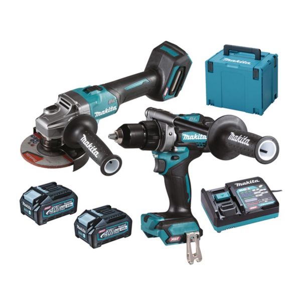Set 2 masini Makita DK0124G201, polizor unghiular cu acumulatori GA005GZ, masina de gaurit si insurubat DF001GZ, 2 acumulatori 40 V, 4.0 Ah BL4040, incarcator DC40R