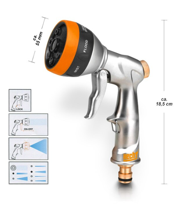 Pistol pentru irigat HECHT 02096, 6 functii diferite de pulverizare, corp inox, reglabil