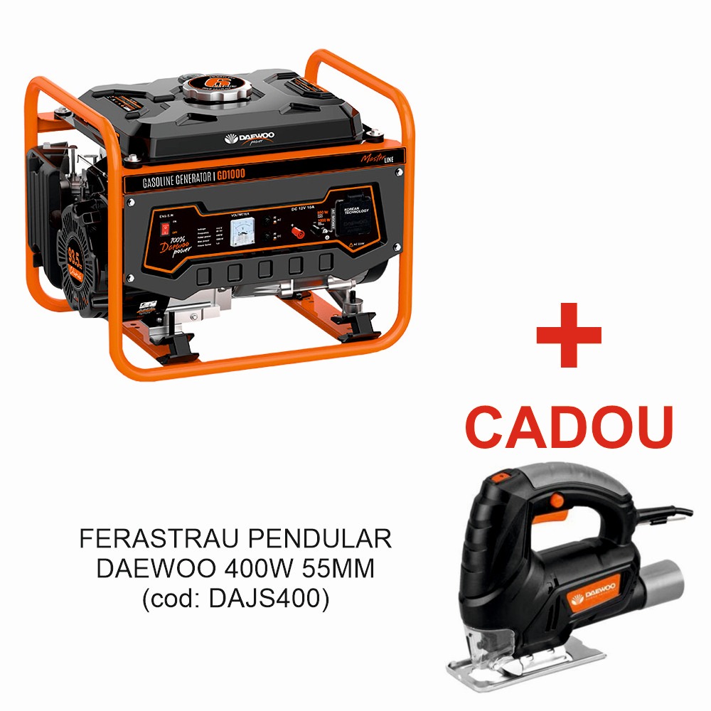 Generator de curent DAEWOO GD1000, motor benzina, 93.5 CC, putere maxima 1000 W, AVR, rezervor 6 litri, pornire demaror