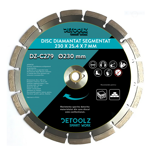 Disc diamantat segmentat Detoolz, DZ-C279, diametru 230 x 25.4 x 7 mm, grosime 1.8 mm