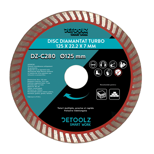 Disc diamantat Detoolz, TURBO, diametru 125 x 22.2 x 7 mm, grosime 1.2 mm