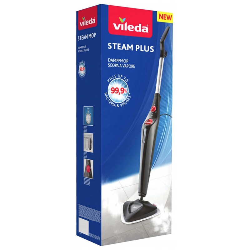 Mop electric cu aburi VILEDA KOM168917, inaltime asamblare 70 cm, 3 moduri curatenie, maner ergonomic, monitor de temperatura, negru