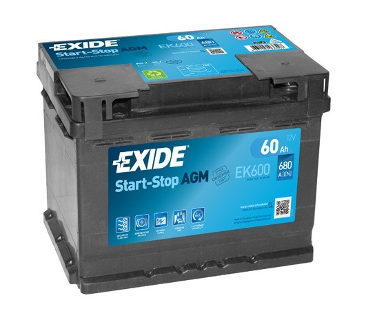 Baterie auto EXIDE Start-Stop AGM EK600, 12 V, 60 Ah, 680 A, 242x175x190 mm