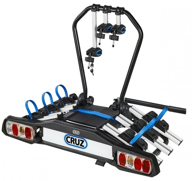 Suport auto pentru 3 biciclete CRUZ Pivot 3 CZ940-511, montare pe carligul de tractare, cu lumini pentru avertizare, sistem antifurt