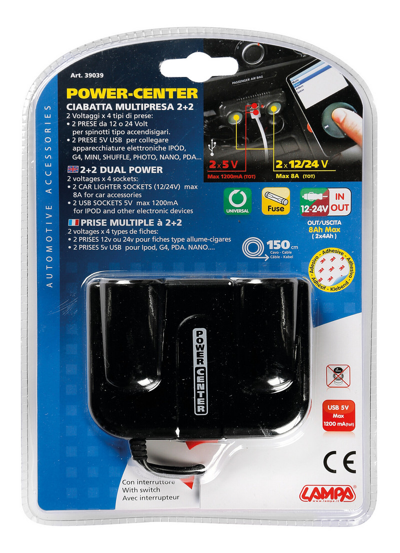 Priza dubla bricheta cu 2 x USB LAMPA LAM39039, 12/24V, 8A, cu intrerupator