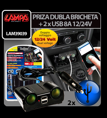 Priza dubla bricheta cu 2 x USB LAMPA LAM39039, 12/24V, 8A, cu intrerupator