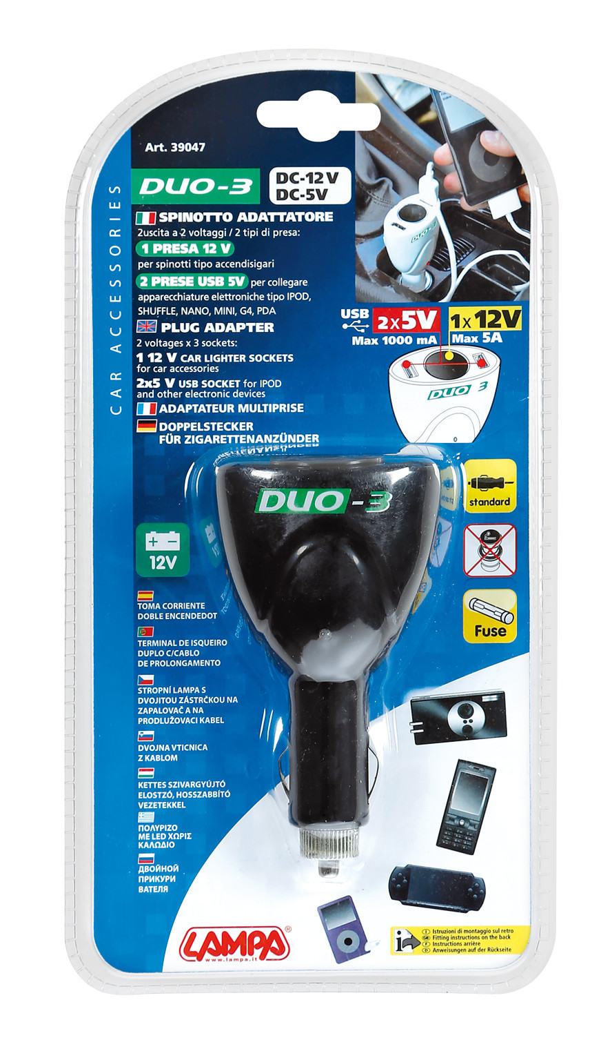 Priza bricheta masina LAMPA DUO-3 LAM39047, 12 V, cu 2 prize USB
