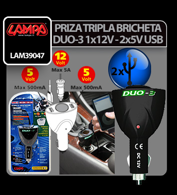 Priza bricheta masina LAMPA DUO-3 LAM39047, 12 V, cu 2 prize USB