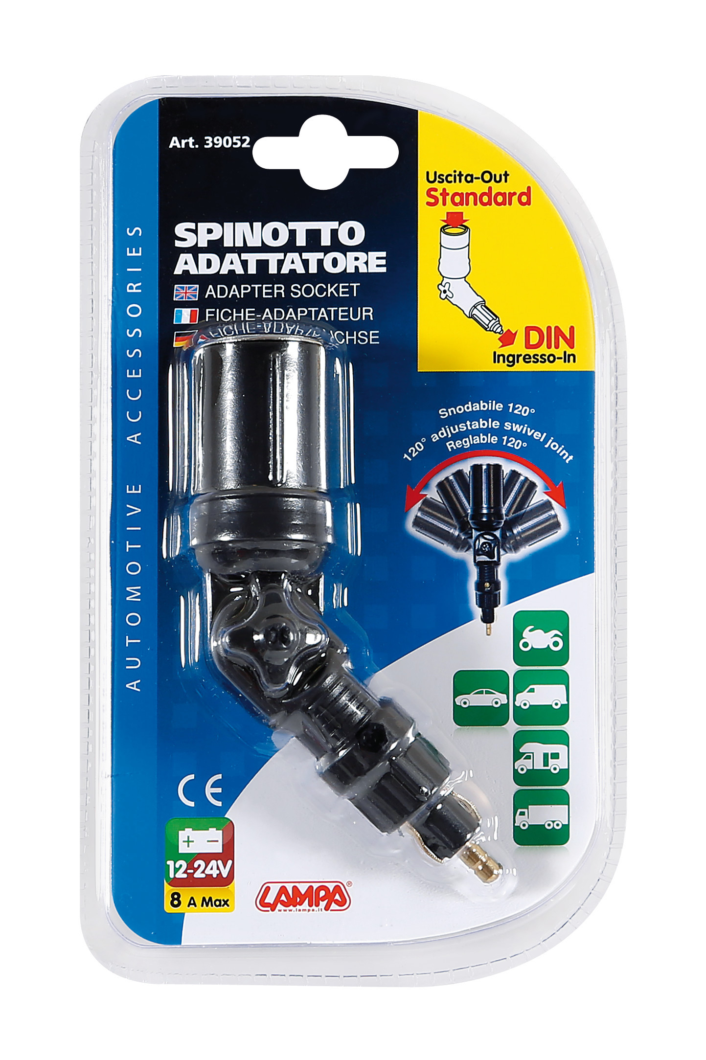 Adaptor priza masina LAMPA LAM39052, 12-24V, intrare mufa DIN, iesire priza standard, articulatie pivotanta la 120 grade