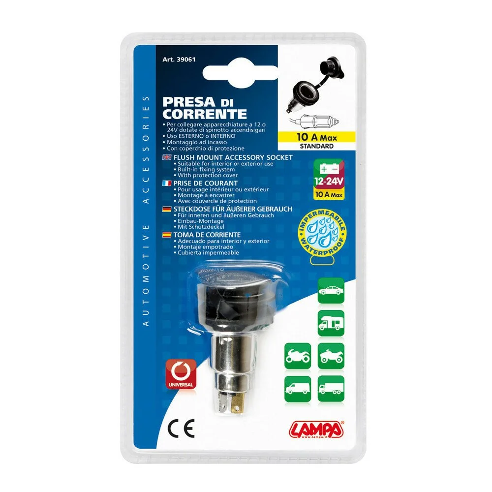 Priza bricheta auto LAMPA LAM39061, mufa standard 22 mm, montare in consola, capac de protectie IP65