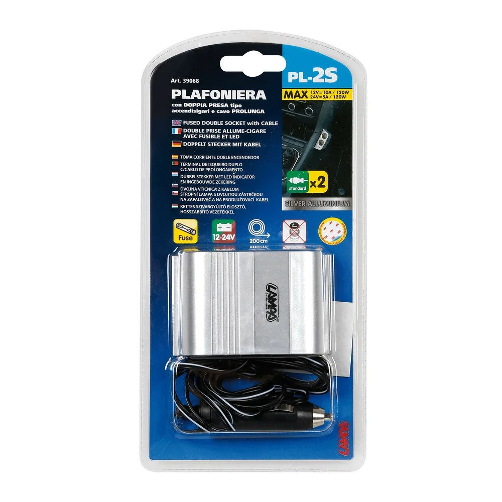Priza dubla LAMPA LAM39068, 12/24V, cu lumini, prelungitor cablu 200 cm