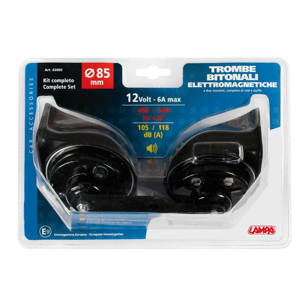 Set 2 claxoane electromagnetice LAMPA LAM42005, diametru 85 mm, alimentare 12V, 6A, 105/118 dB, 400/500 Hz.