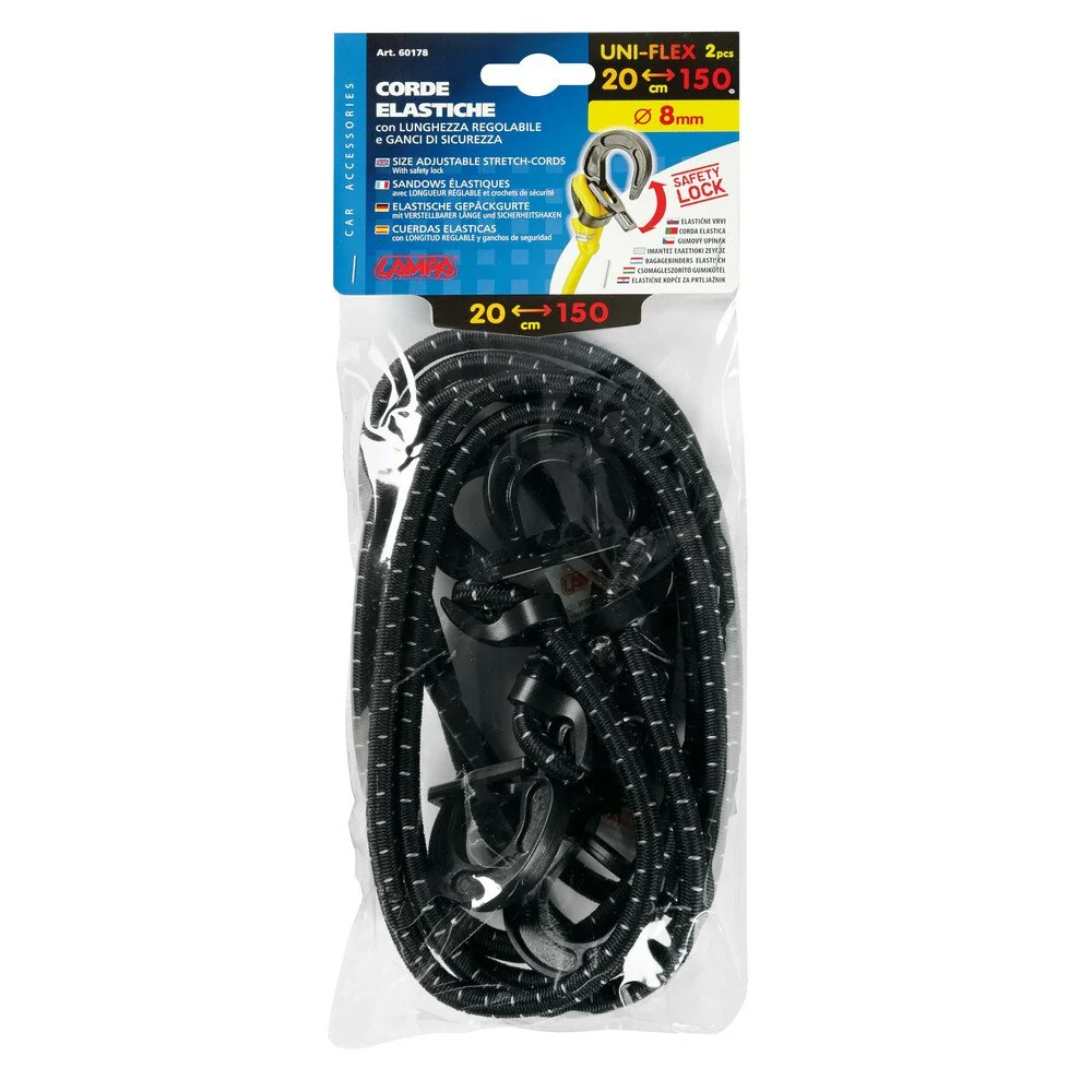 Set 2 corzi elastice LAMPA LAM60178, lungime 150 cm, cu carlige de plastic ajustabile