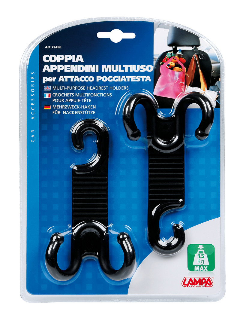 Set 2 carlige multifunctionale din plastic LAMPA LAM72456, prindere la tetiera, greutate maxima suportata 1.5 kg, negru