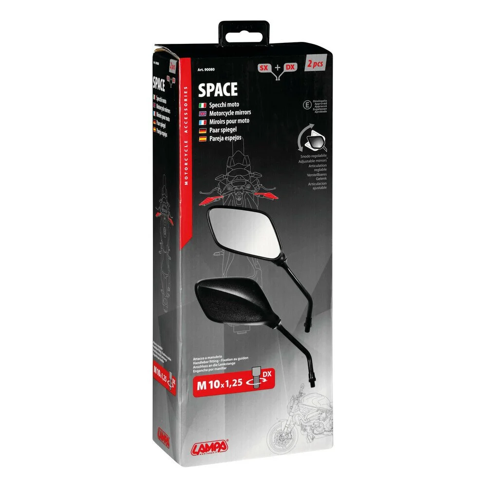 Set 2 oglinzi moto LAMPA Space LAM90080, reglabile, montare pe ghidon, filet dreapta M10 x 1.25