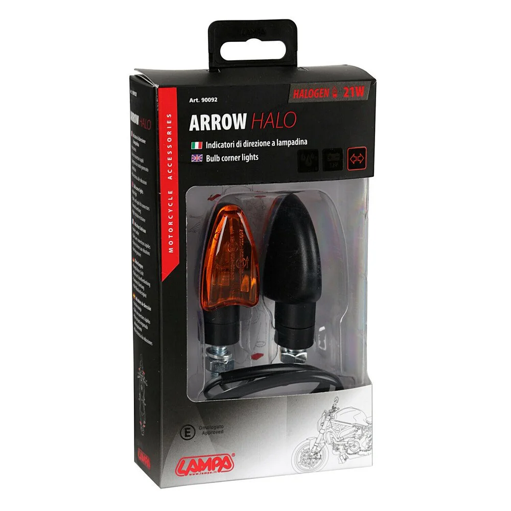 Set 2 semnalizari moto LAMPA Arrow Halo LAM90092, consola de 7 cm, cabluri cu conectori de fixare rapida, negru, lentila portocalie