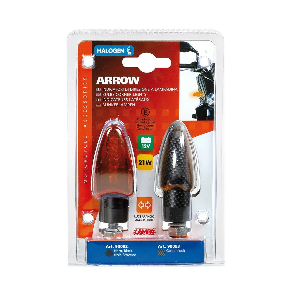 Set 2 semnalizari moto LAMPA Arrow Carbon LAM90093, aspect carbon, consola de 7 cm, cabluri cu conectori de fixare rapida