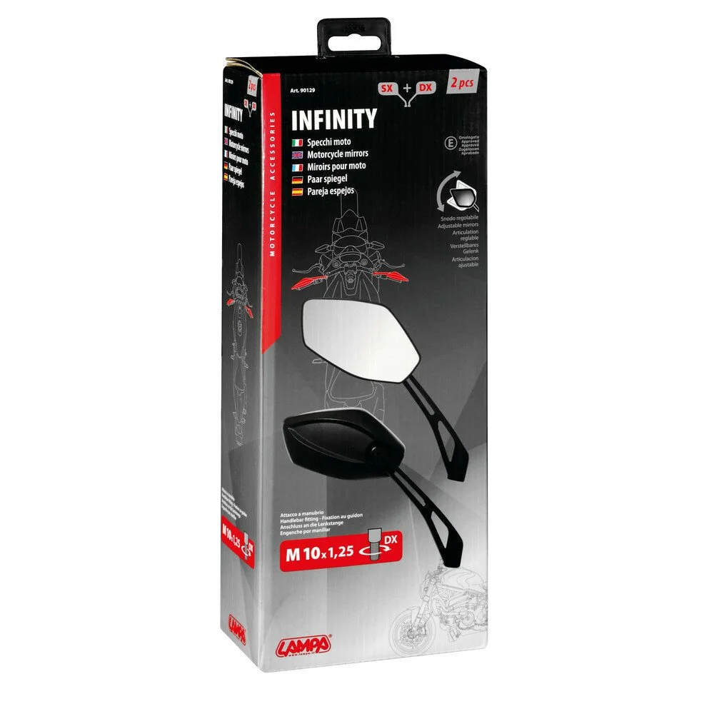 Set 2 oglinzi moto LAMPA Infinity LAM90129, reglabile, aliaj de aluminiu, montare pe ghidon, filet dreapta M10 x 1.25