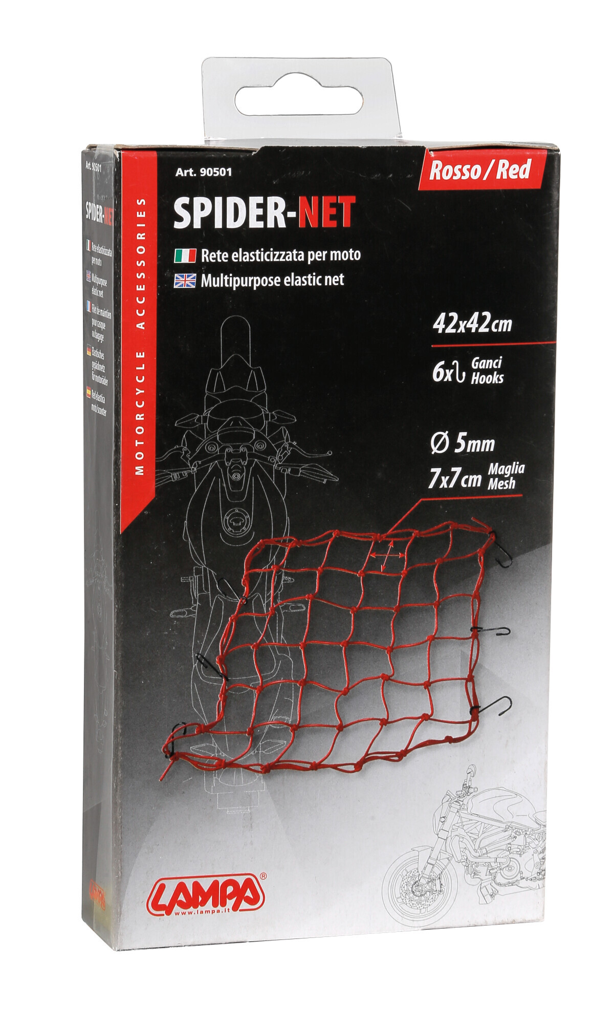 Plasa elastica pentru fixat bagaje LAMPA Spider LAM90501, cu sase carlige, 42 x 42 cm, rosu