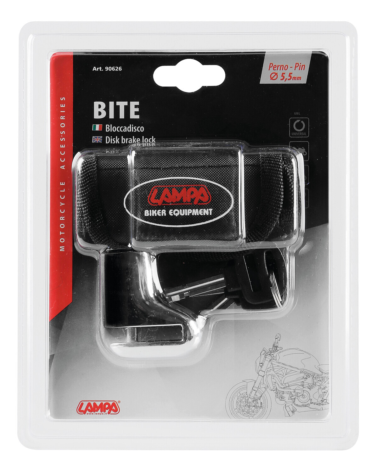 Antifurt motocicleta cu blocare disc de frana LAMPA Bite LAM90626,bolt 5.5 mm, otel calit, sistem push-to-lock, husa si 3 chei