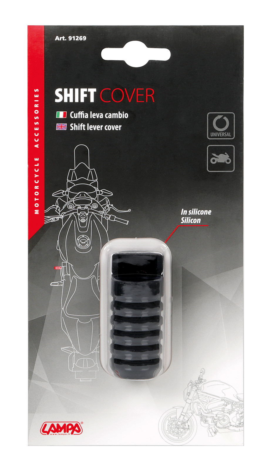 Husa de silicon pentru schimbator viteze motocicleta LAMPA LAM91269, lungime 60 mm, diametru 25 mm, negru