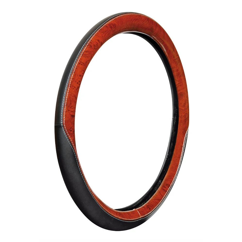 Husa pentru volan de camion LAMPA Club LAM98902, din piele ecologica, cu insertii din boabe de nuc, diametru volan compatibil 44-46 cm, negru-lemn