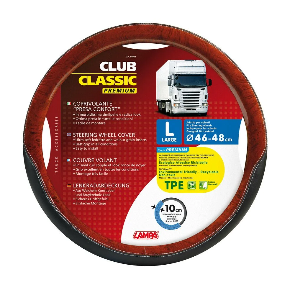 Husa pentru volan de camion LAMPA Club LAM98903, din piele ecologica, cu insertii din boabe de nuc, diametru volan compatibil 46-48 cm, negru-lemn