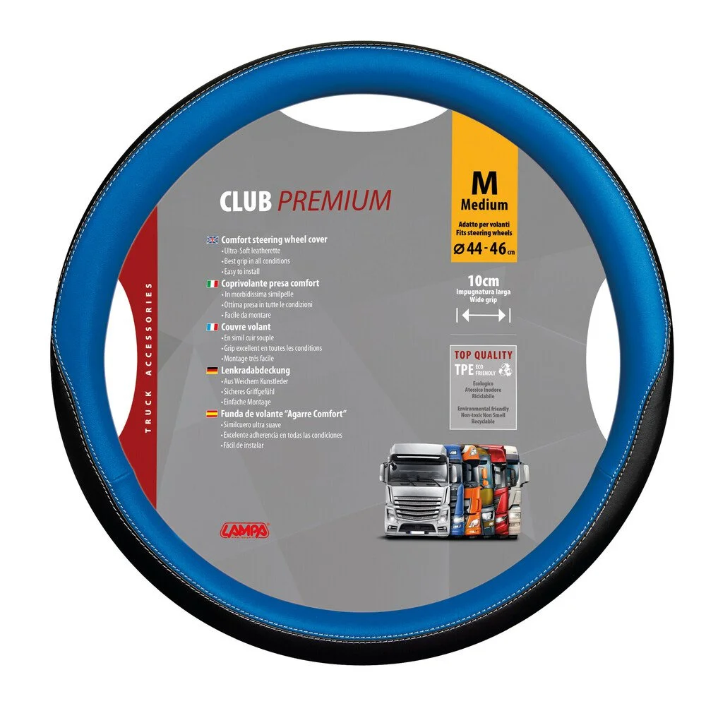 Husa pentru volan de camion LAMPA Club LAM98906, din piele ecologica, diametru volan compatibil 44-46 cm, negru-albastru