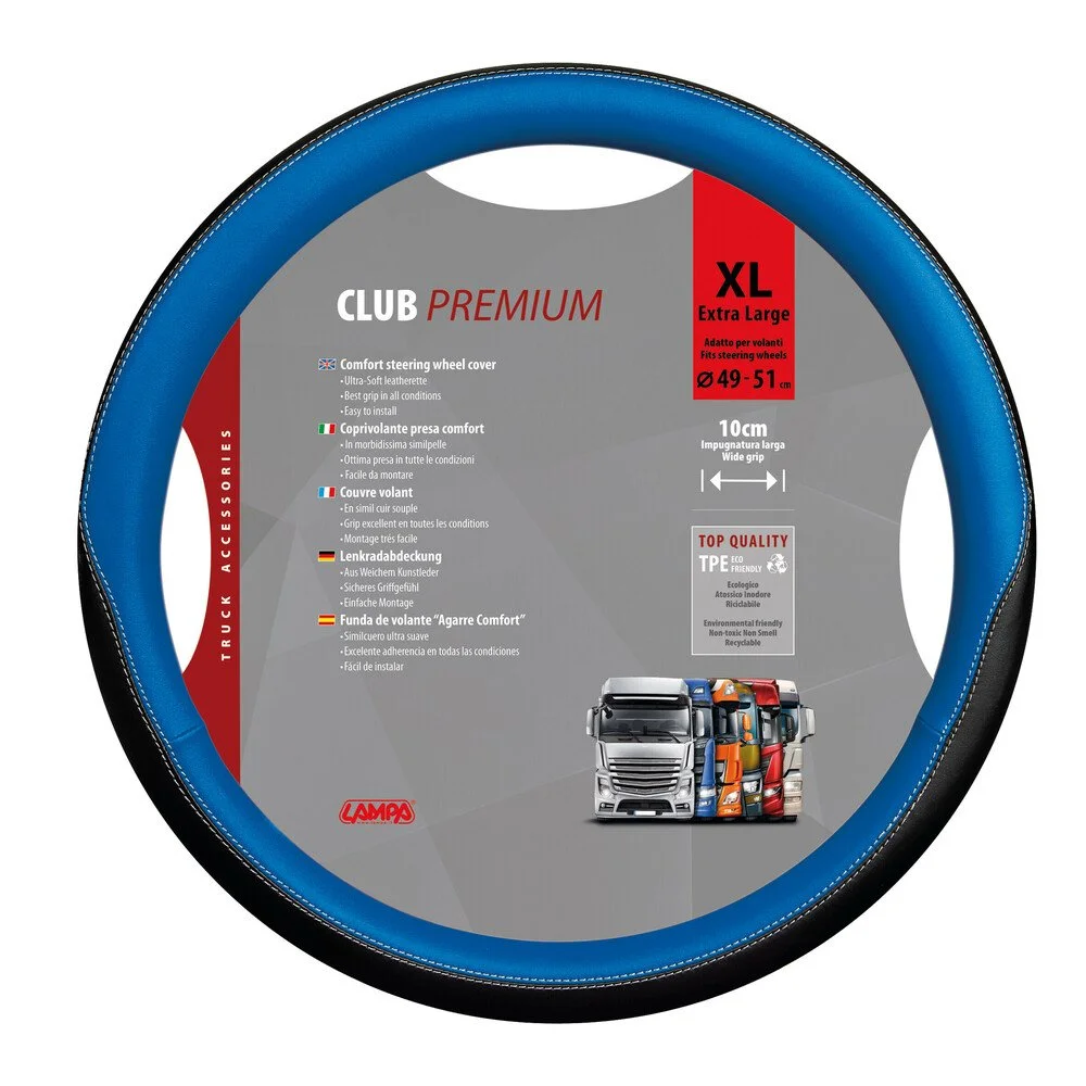 Husa pentru volan de camion LAMPA Club LAM98908, din piele ecologica, diametru volan compatibil 49-51 cm, negru-albastru