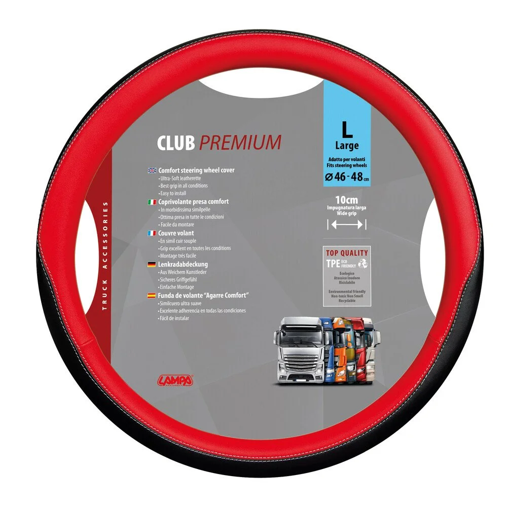 Husa pentru volan de camion LAMPA Club LAM98911, din piele ecologica, diametru volan compatibil 46-48 cm, negru-rosu