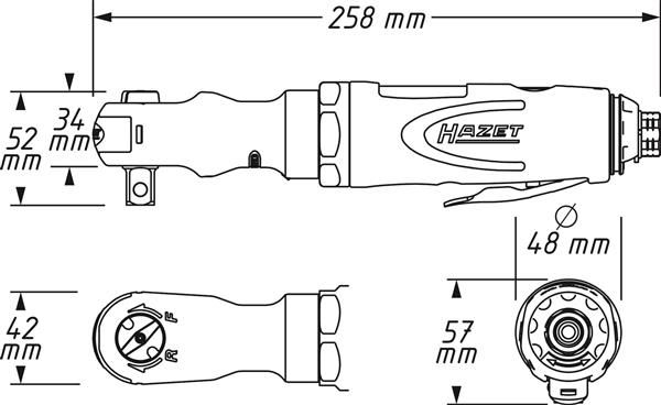 Cheie pneumatica cu clichet HAZET HZ9022P-2, antrenor patrat 1/2 inch, presiune de actionare 6.3 bar, turatie pana la 280 rpm, cuplu maxim 108 Nm