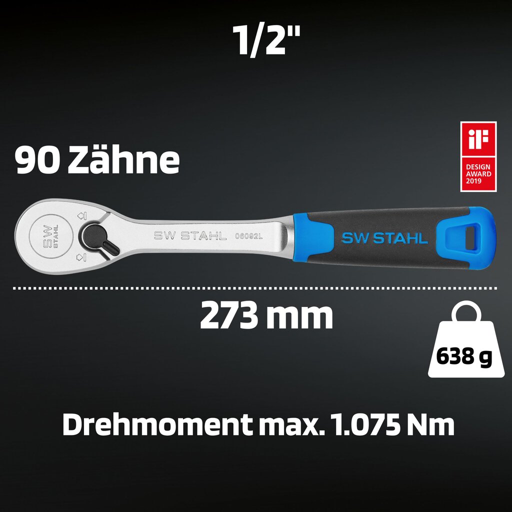 Cheie cu clichet reversibil SW-Stahl SW06092L, antrenor patrat 1/2 inch, lungime 273 mm, cuplu maxim 1075 Nm, otel crom vanadiu, maner de plastic
