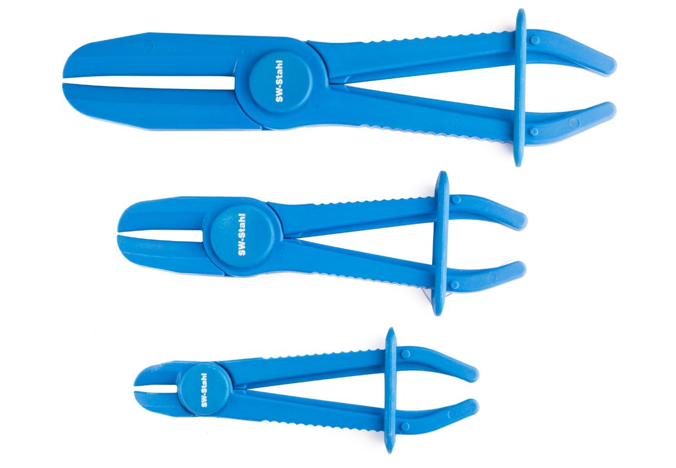 Set 3 clesti tip cleme pentru furtun SW-Stahl SW61705L, plastic, lungime 150, 180, 250 mm, diametru maxim prindere 15, 30, 60 mm