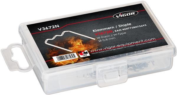 Set 100 cleme pentru reparat materiale plastice VIGOR V3672N, diametru sarma 0.8 mm, forma W