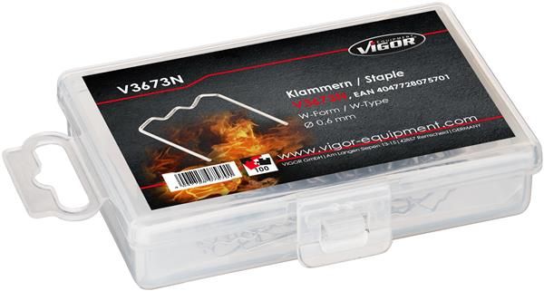 Set 100 cleme pentru reparat materiale plastice VIGOR V3673N, diametru sarma 0.6 mm, forma W