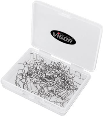 Set 100 cleme pentru reparat materiale plastice VIGOR V3674, diametru sarma 0.8 mm, forma F, otel inoxidabil