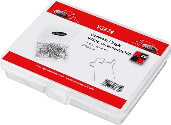 Set 100 cleme pentru reparat materiale plastice VIGOR V3674, diametru sarma 0.8 mm, forma F, otel inoxidabil