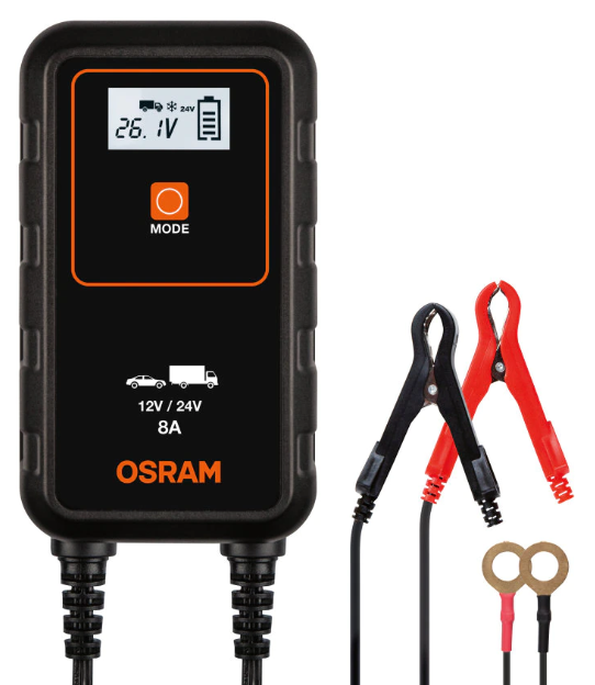Redresor pentru baterie auto OSRAM Battery Charge 908 OEBCS908, 12/24V, curent incarcare 8 A, lungime cablu 1.5 m, compatibil sistem Start/Stop