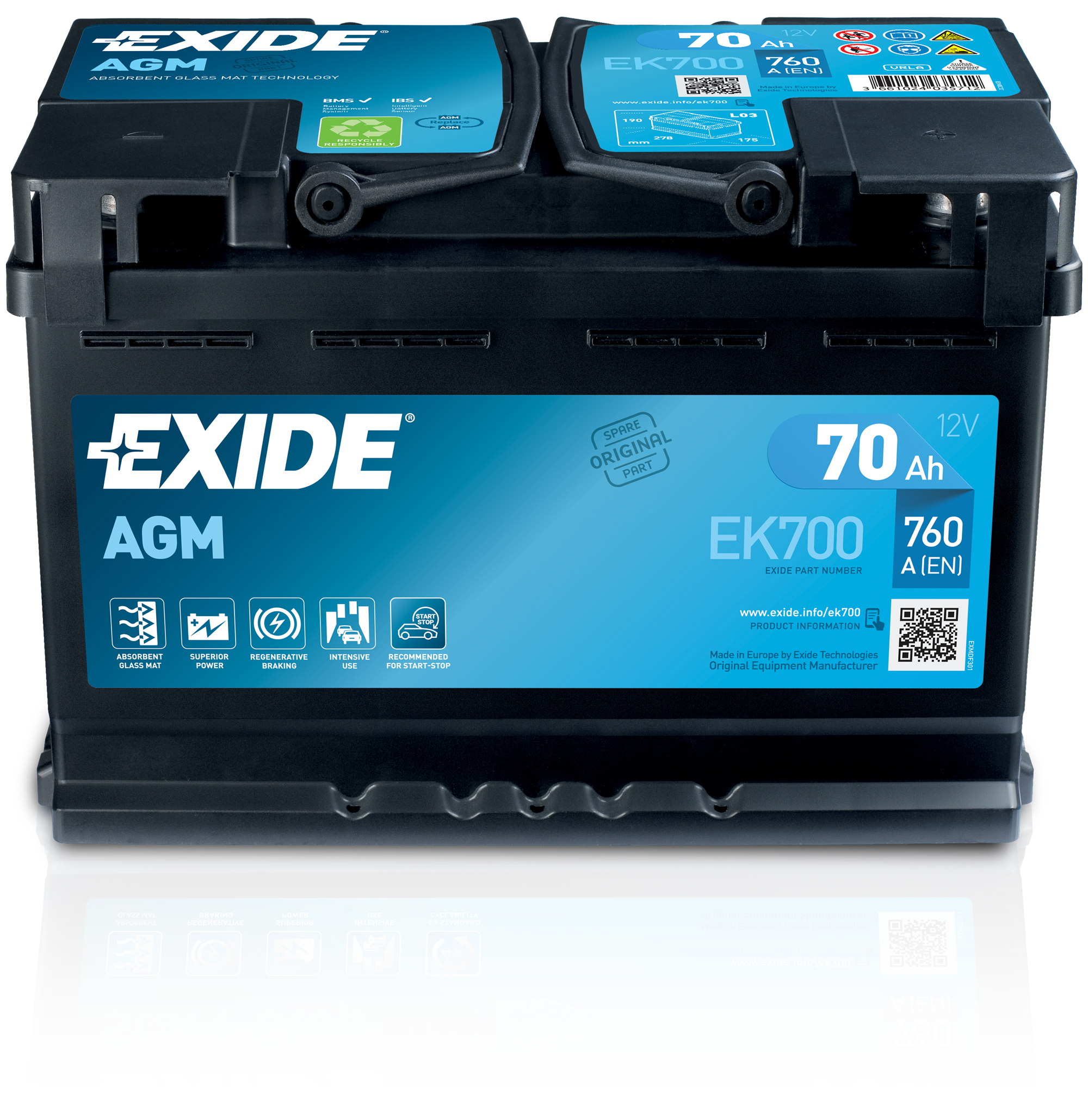 Baterie auto EXIDE AGM EK700,  12 V, 70 Ah, 760 A, 278x175x190 mm