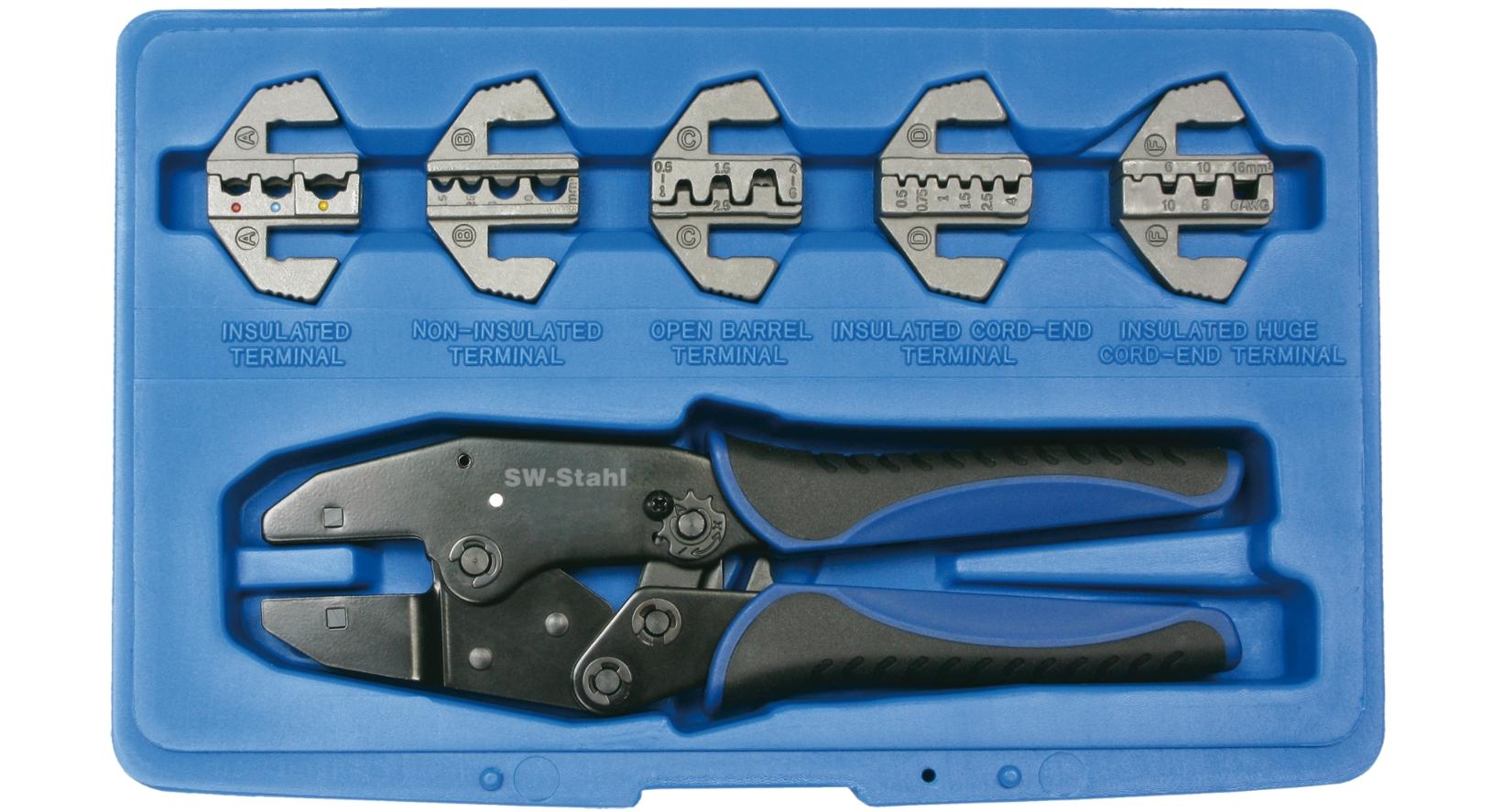 Set cleste de sertizare cu 5 adaptoare SW-Stahl SW42585L, lungime 280 mm, maner cauciucat